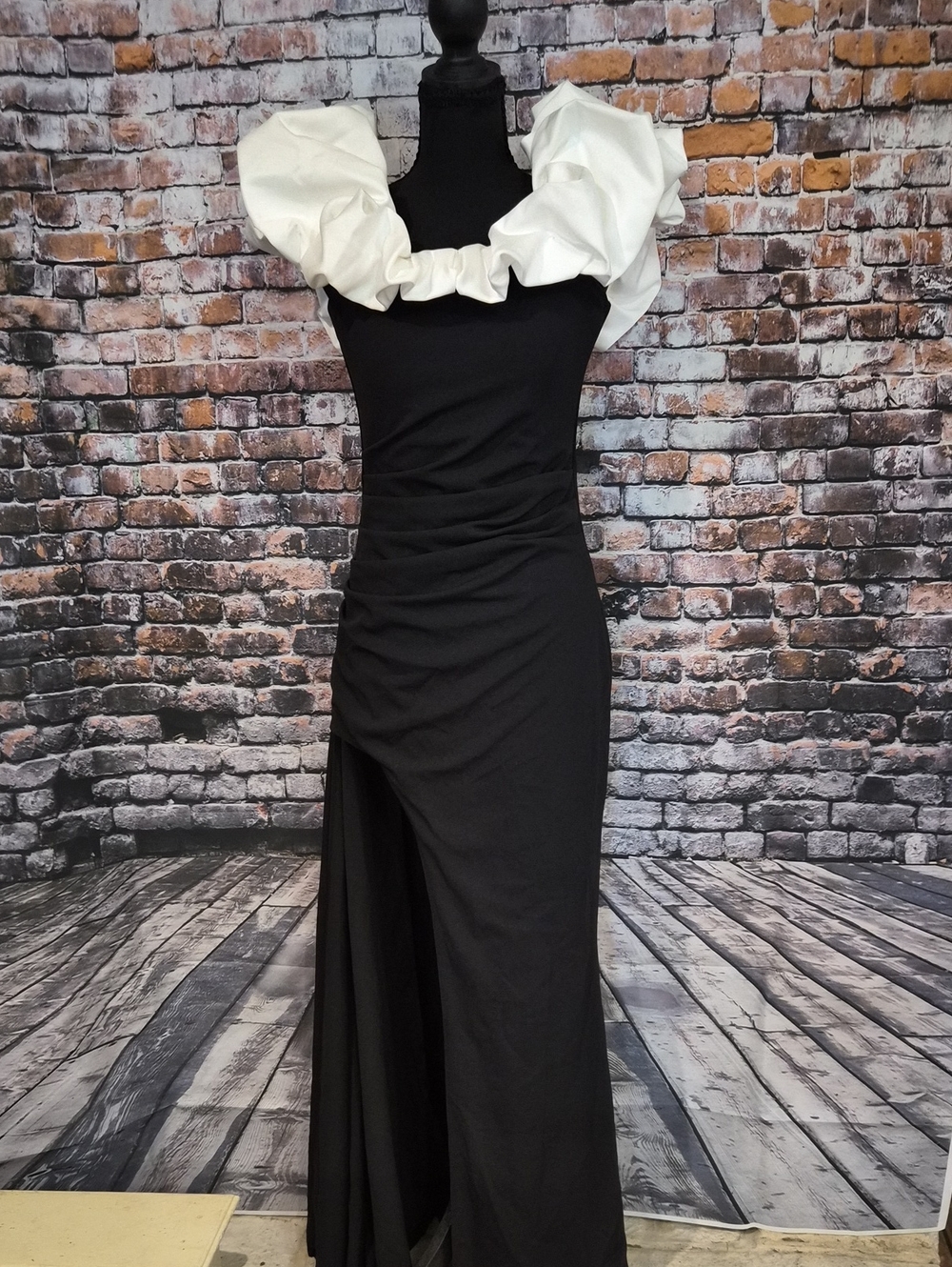 Baby Boo Black One-Shoulder Evening Dress with White Ruffle